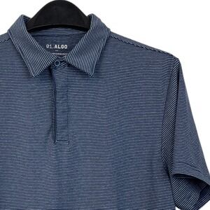 01.Algo Mens L Performance Stretch Quick Dry UV Short Sleeve Polo Blue Striped